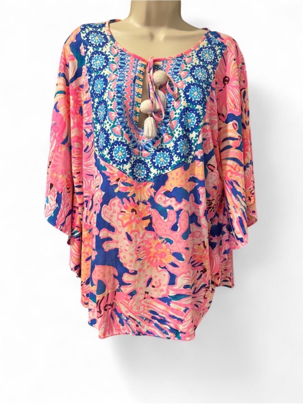 Lilly Pulitzer Britta Tunic Swirling Seadream S/M Coral Reef Tassel Caftan Top